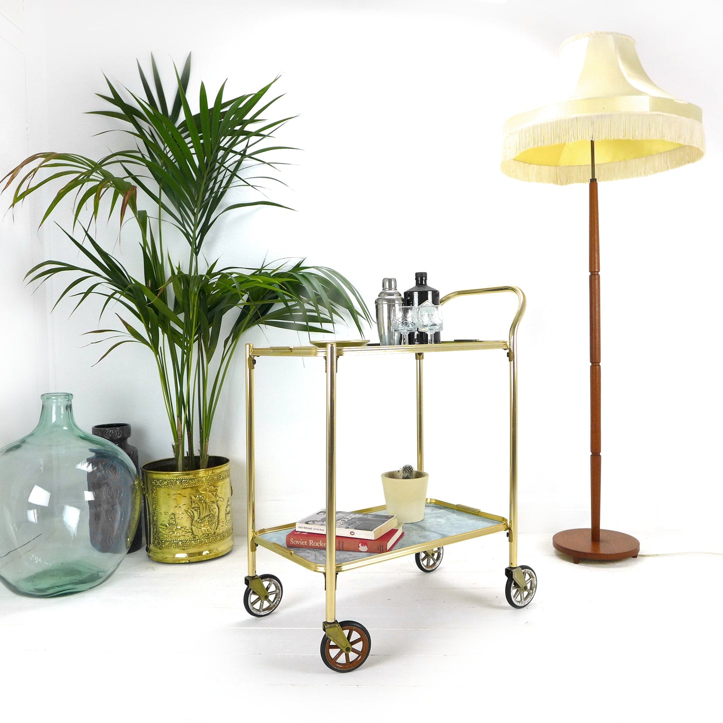Mid Century Drinks Trolley - Vintage Bar/Drinks Cart on Wheels - Gold Metal/Brass