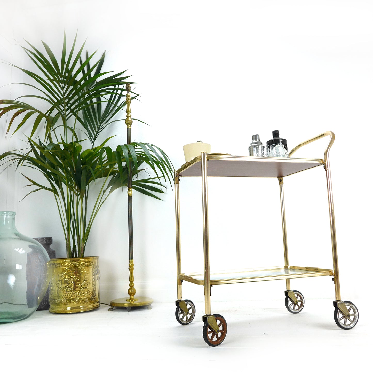 Mid Century Drinks Trolley - Vintage Bar/Drinks Cart on Wheels - Gold Metal/Brass
