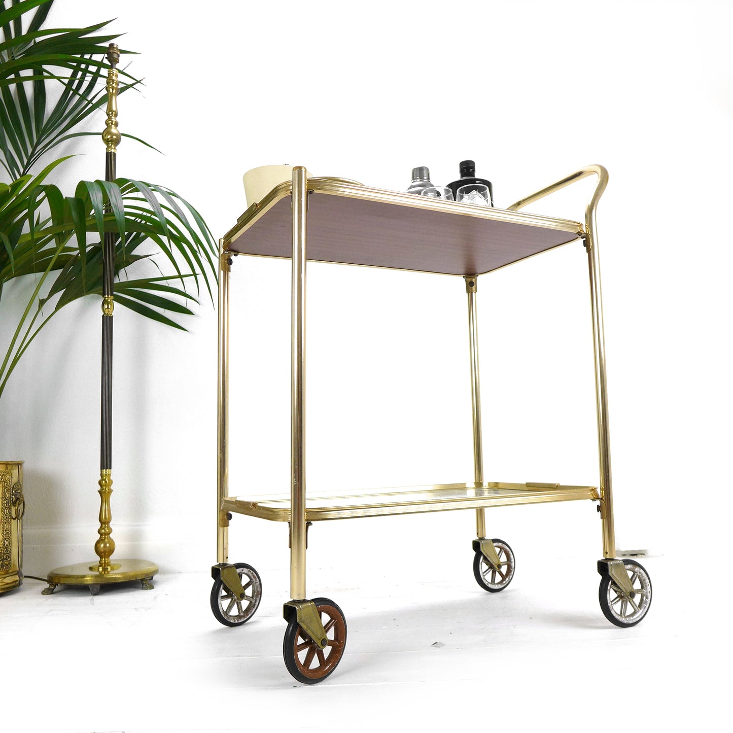 Mid Century Drinks Trolley - Vintage Bar/Drinks Cart on Wheels - Gold Metal/Brass