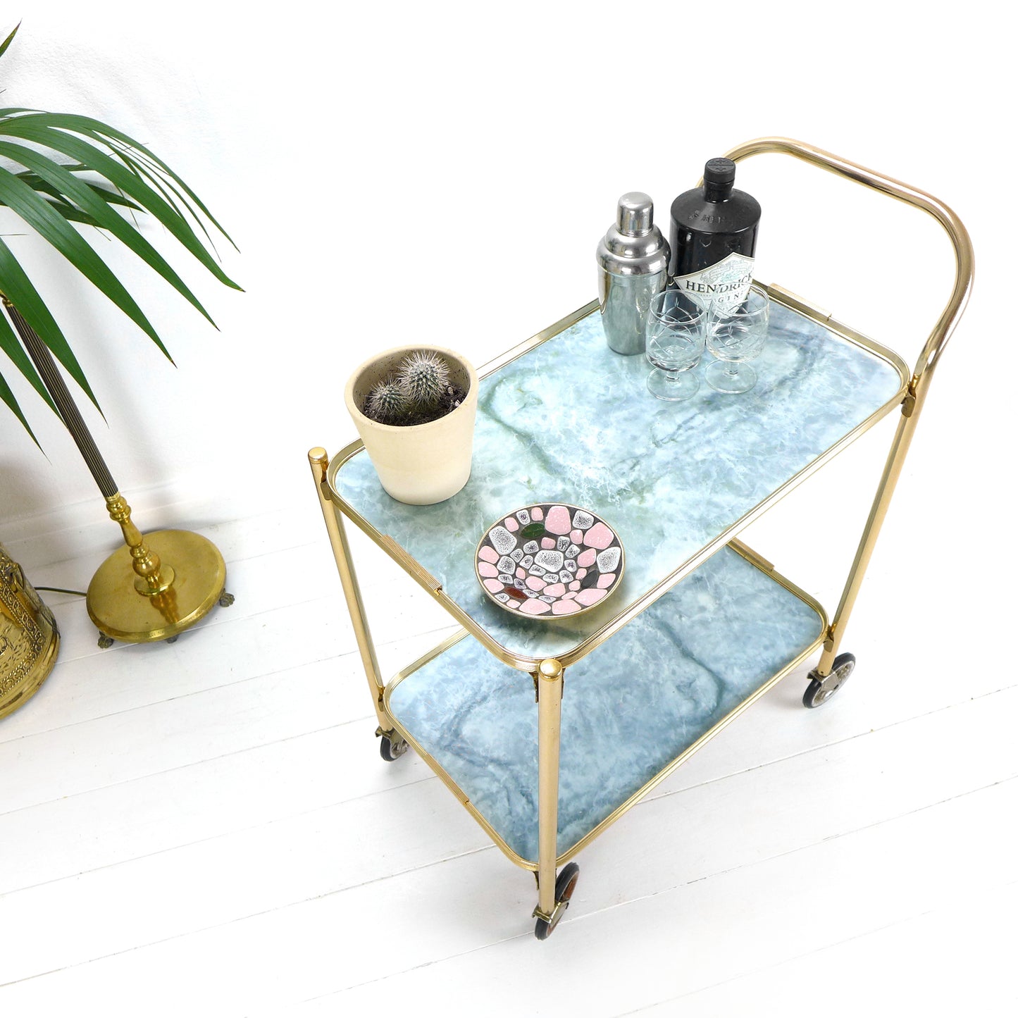 Mid Century Drinks Trolley - Vintage Bar/Drinks Cart on Wheels - Gold Metal/Brass
