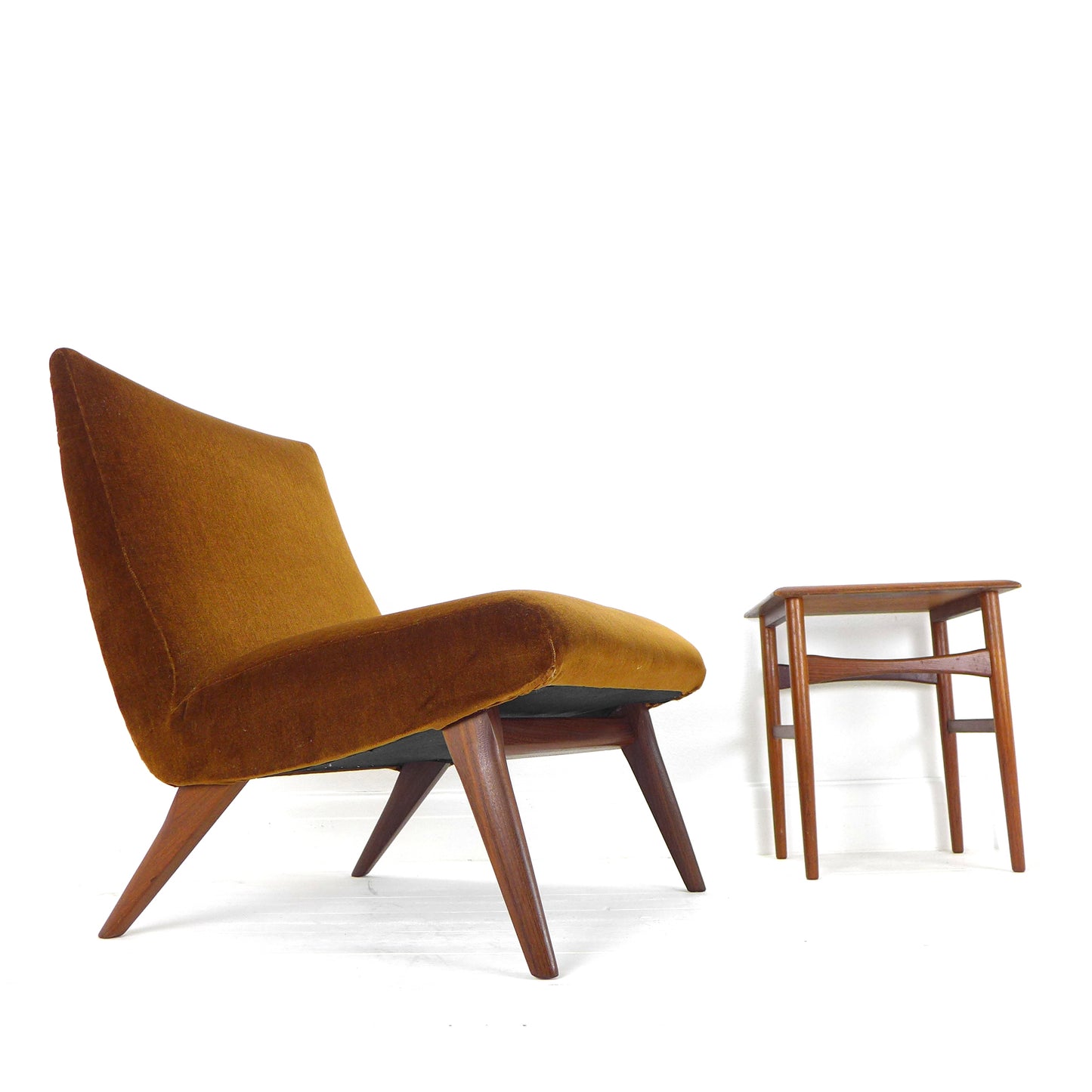 Mid Century Cocktail Chair in Brown Velvet & Teak - Vintage Armchair