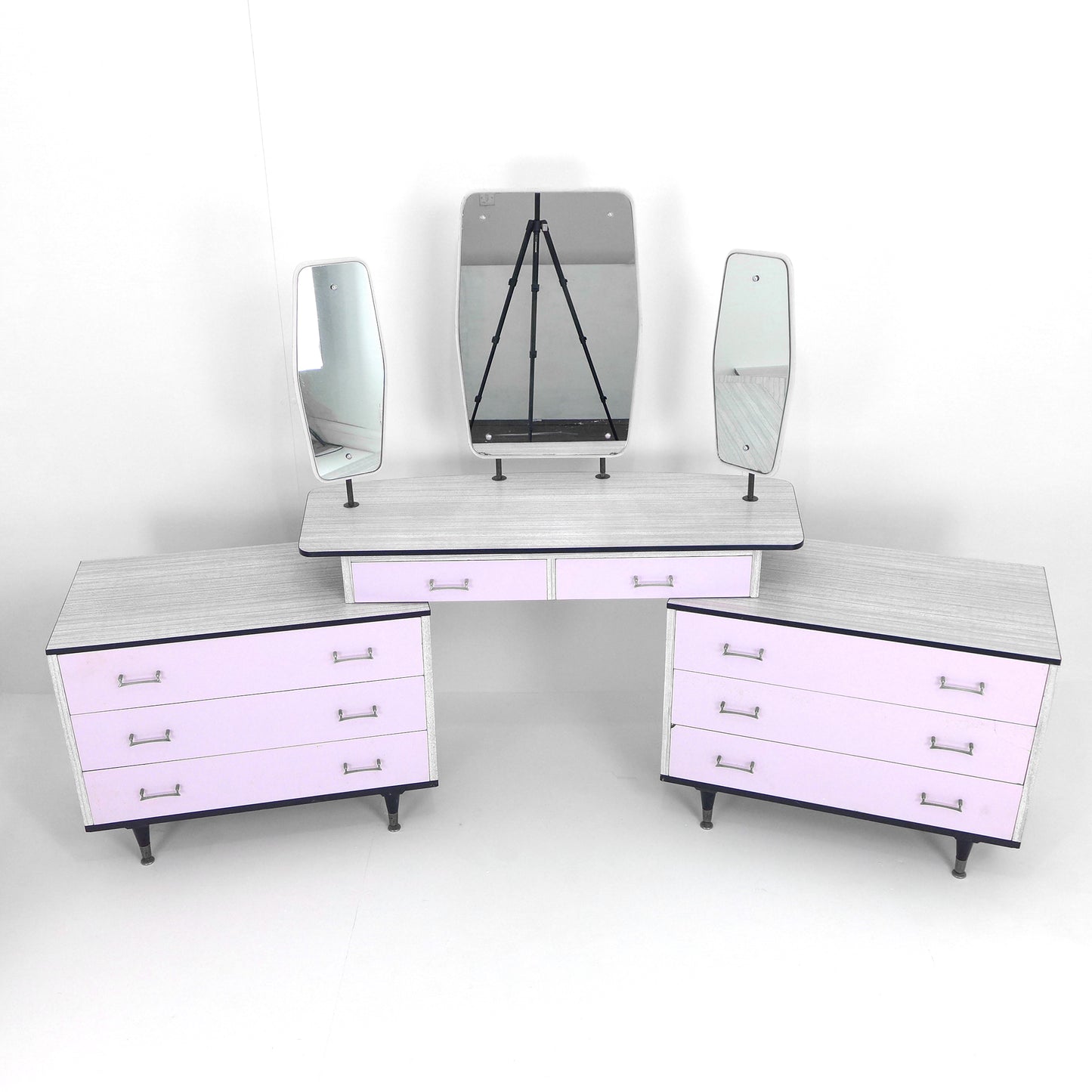 Mid Century Bedroom Set - Bedside Tables & Dressing table / Chest of Drawers with Mirrors - Vintage Melamine