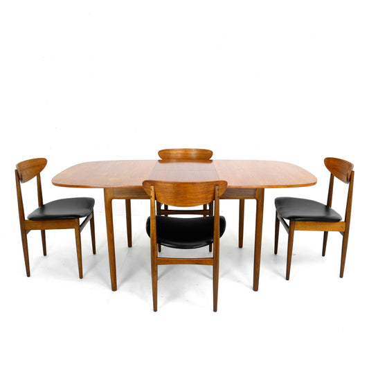 G PLAN Danish Range by Kfod Larsen Teak Dining Table and 4 Dining Chairs - NEW Black Vinyl Fabric - Mid Century Modern