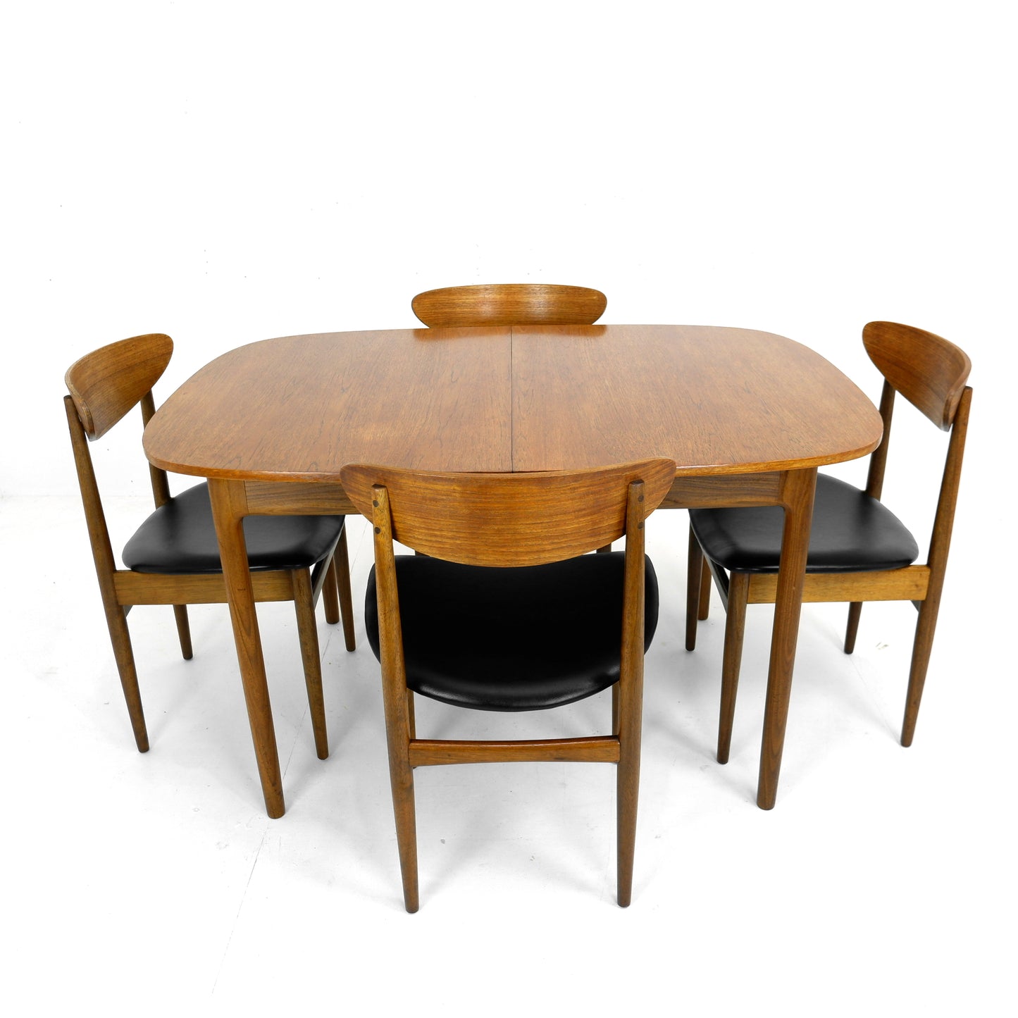 G PLAN Danish Range by Kfod Larsen Teak Dining Table and 4 Dining Chairs - NEW Black Vinyl Fabric - Mid Century Modern