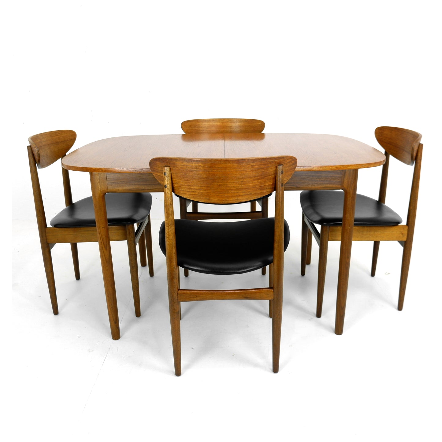 G PLAN Danish Range by Kfod Larsen Teak Dining Table and 4 Dining Chairs - NEW Black Vinyl Fabric - Mid Century Modern