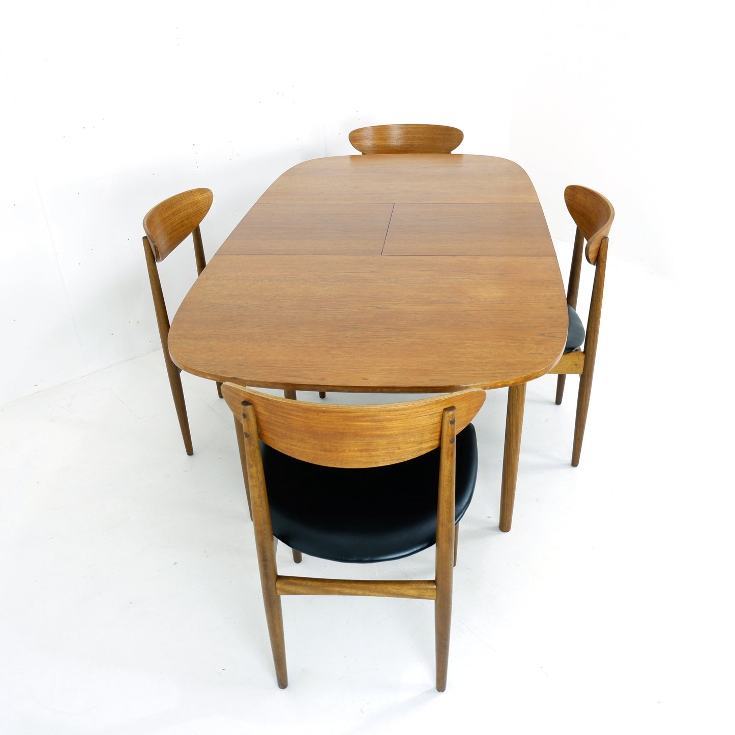 G PLAN Danish Range by Kfod Larsen Teak Dining Table and 4 Dining Chairs - NEW Black Vinyl Fabric - Mid Century Modern