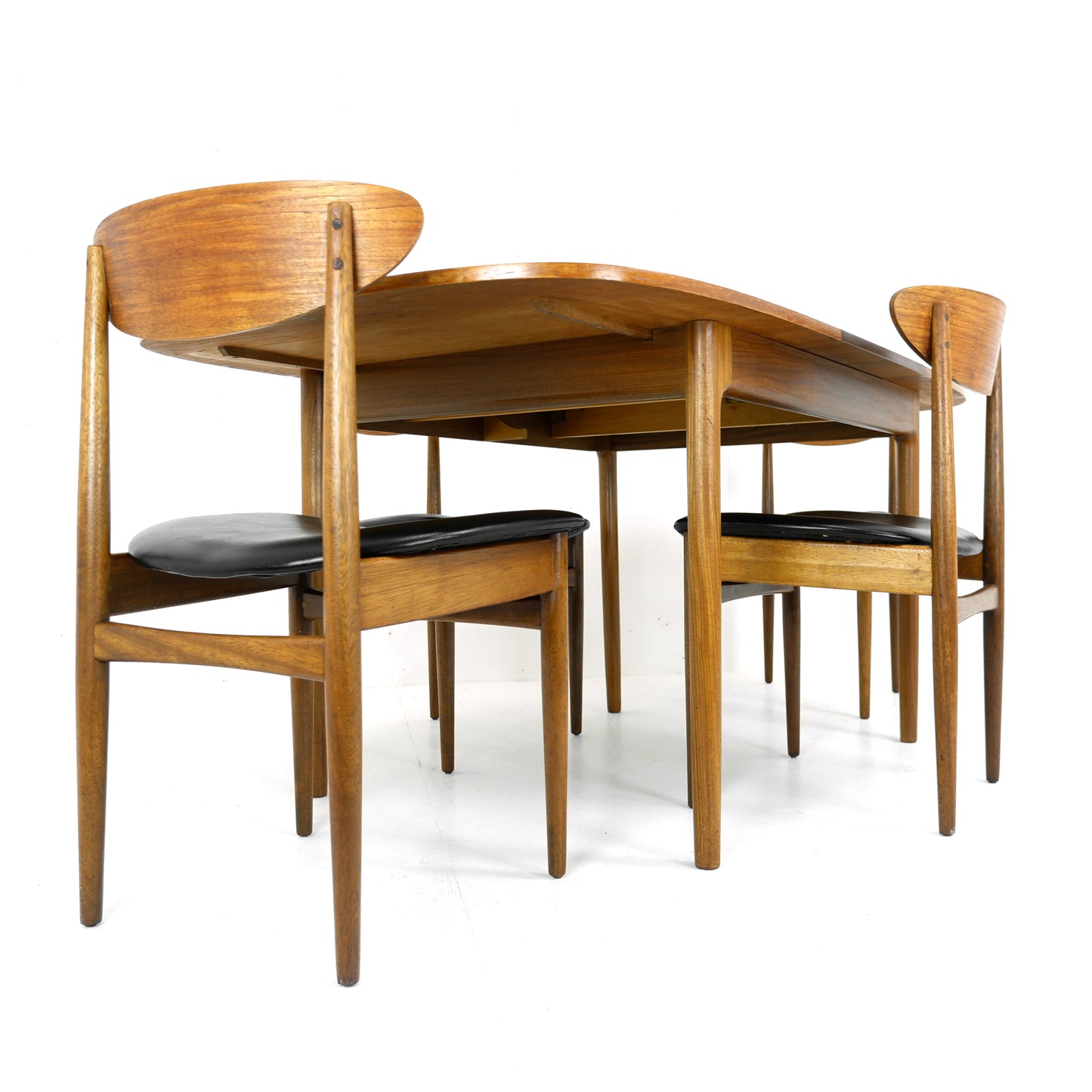 G PLAN Danish Range by Kfod Larsen Teak Dining Table and 4 Dining Chairs - NEW Black Vinyl Fabric - Mid Century Modern