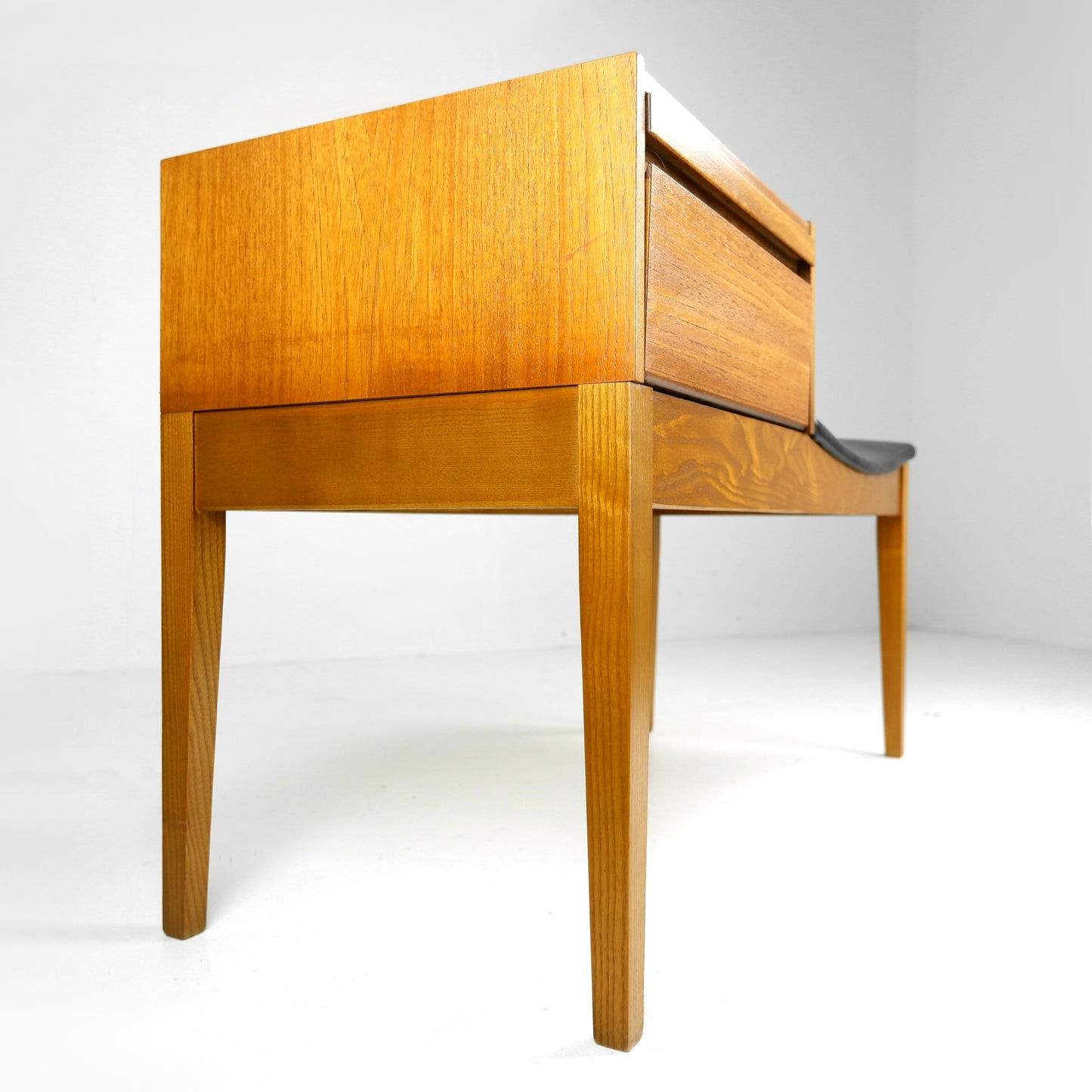 Mid Century Hallway Bench Seat / Telephone Table - Teak & Black Vinyl