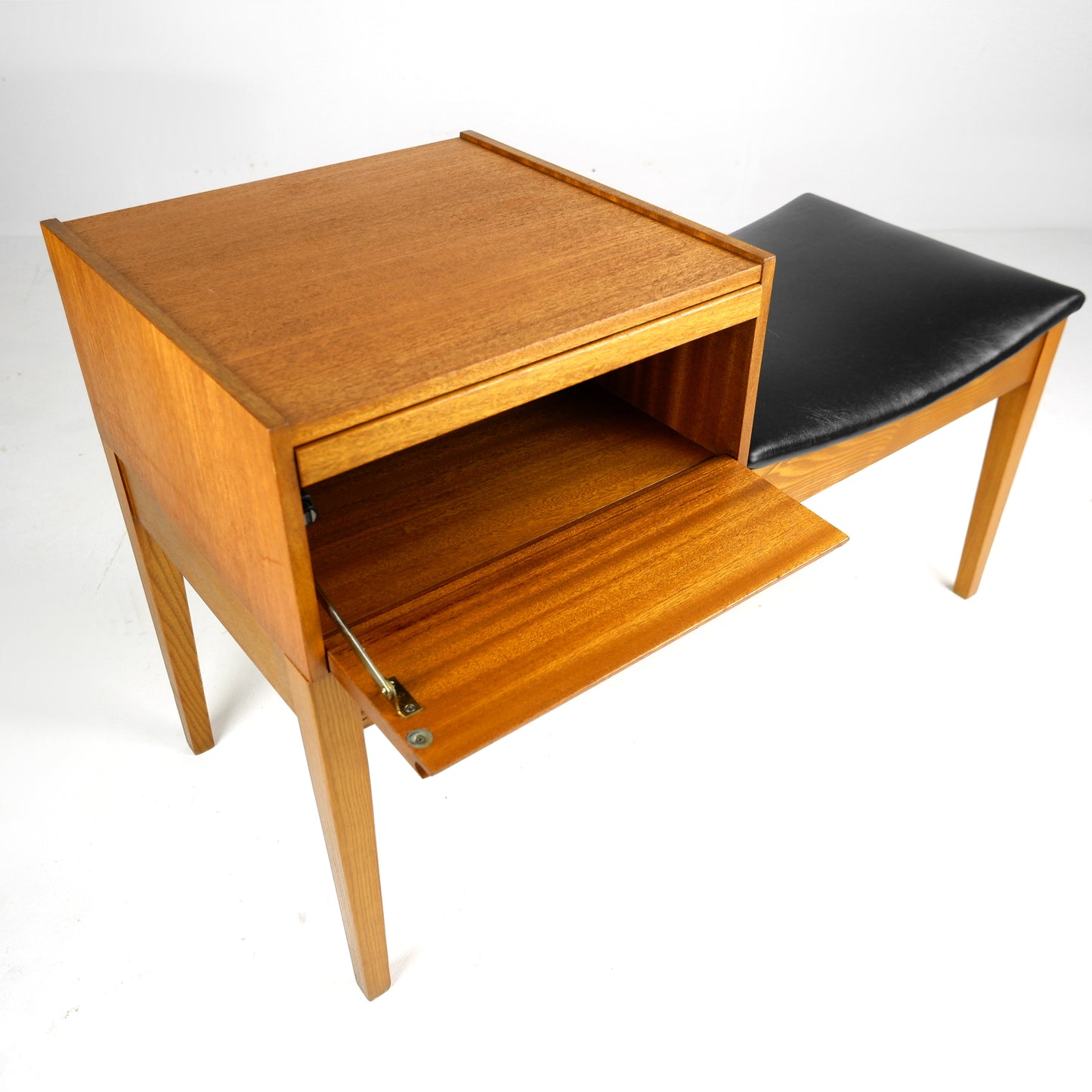 Mid Century Hallway Bench Seat / Telephone Table - Teak & Black Vinyl