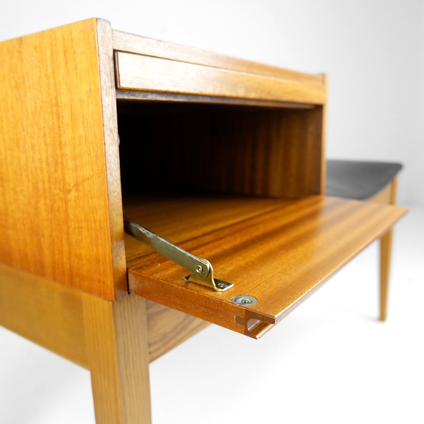 Mid Century Hallway Bench Seat / Telephone Table - Teak & Black Vinyl