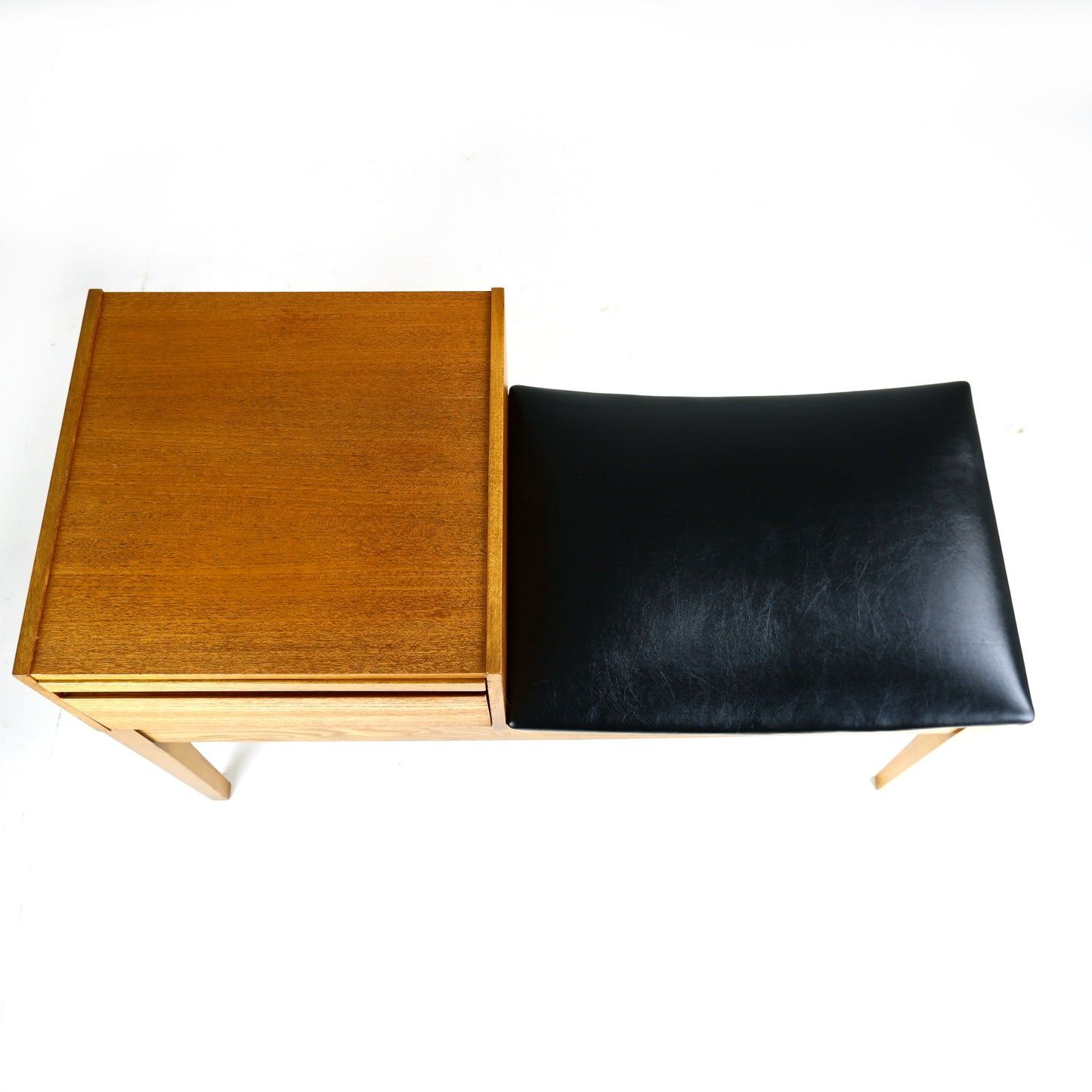 Mid Century Hallway Bench Seat / Telephone Table - Teak & Black Vinyl