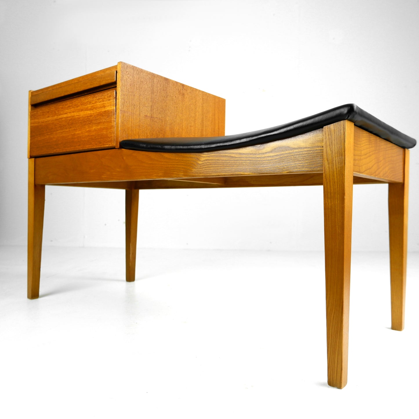 Mid Century Hallway Bench Seat / Telephone Table - Teak & Black Vinyl