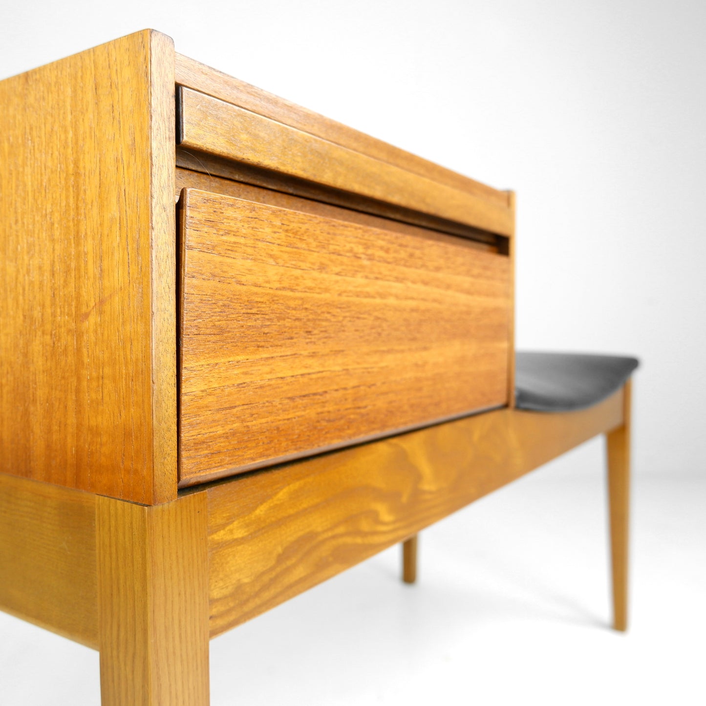 Mid Century Hallway Bench Seat / Telephone Table - Teak & Black Vinyl