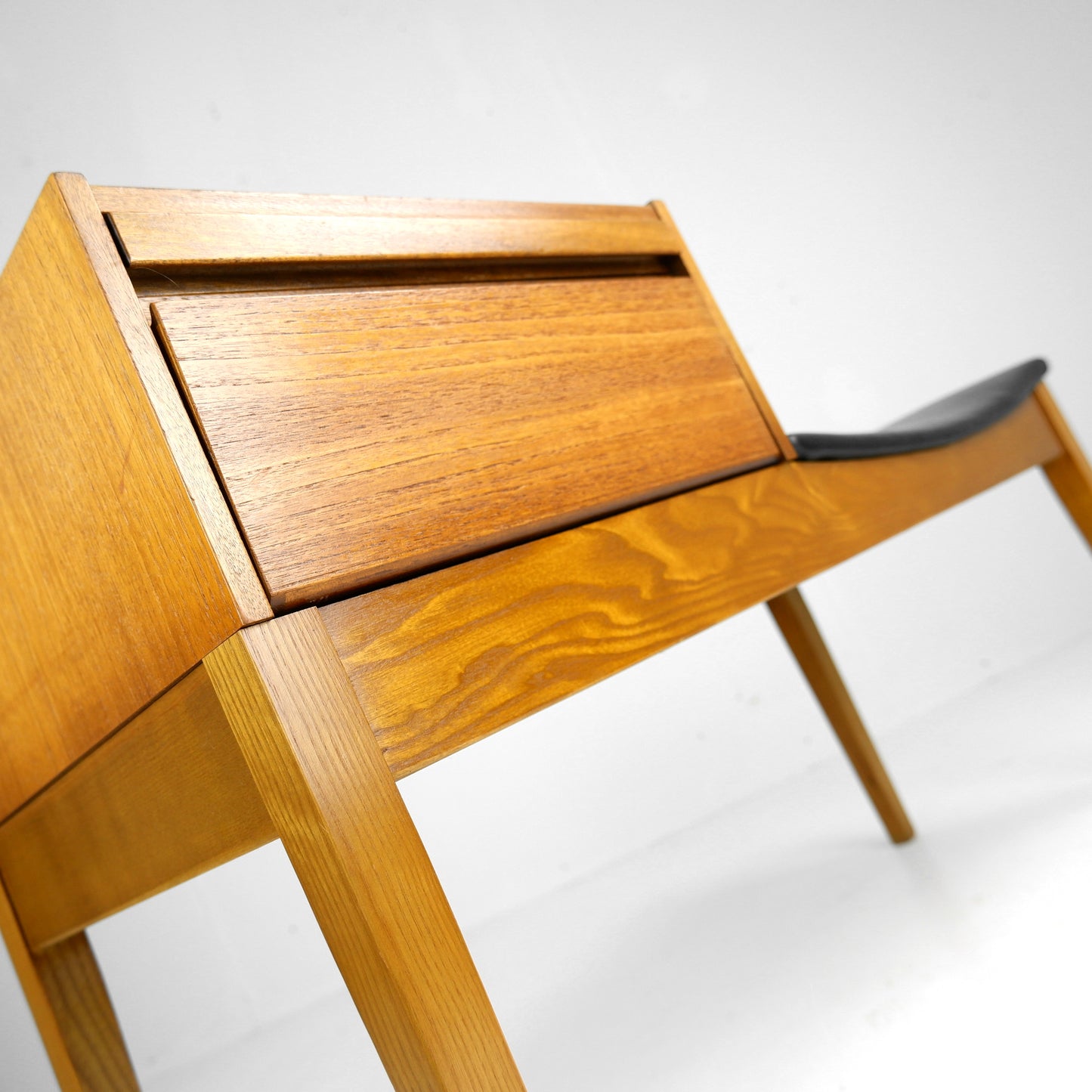 Mid Century Hallway Bench Seat / Telephone Table - Teak & Black Vinyl