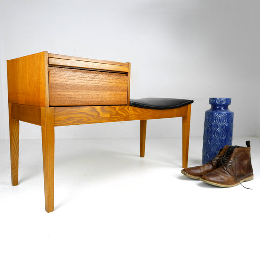 Mid Century Hallway Bench Seat / Telephone Table - Teak & Black Vinyl