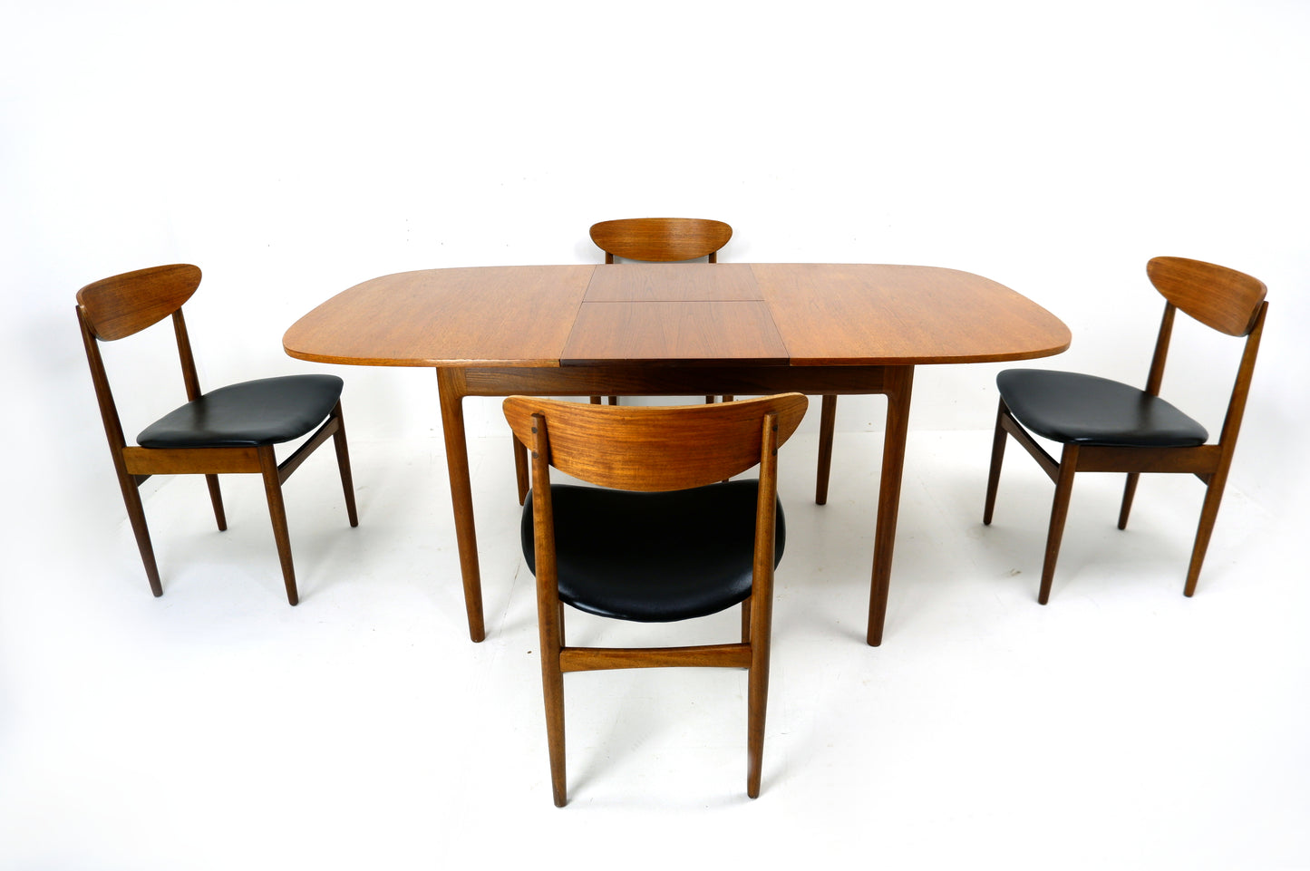 G PLAN Danish Range by Kfod Larsen Teak Dining Table and 4 Dining Chairs - NEW Black Vinyl Fabric - Mid Century Modern