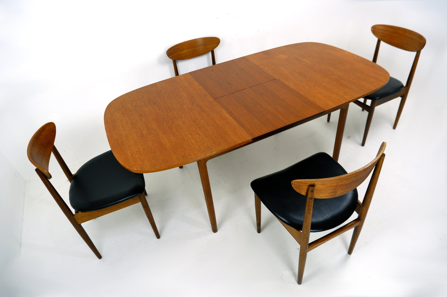 G PLAN Danish Range by Kfod Larsen Teak Dining Table and 4 Dining Chairs - NEW Black Vinyl Fabric - Mid Century Modern