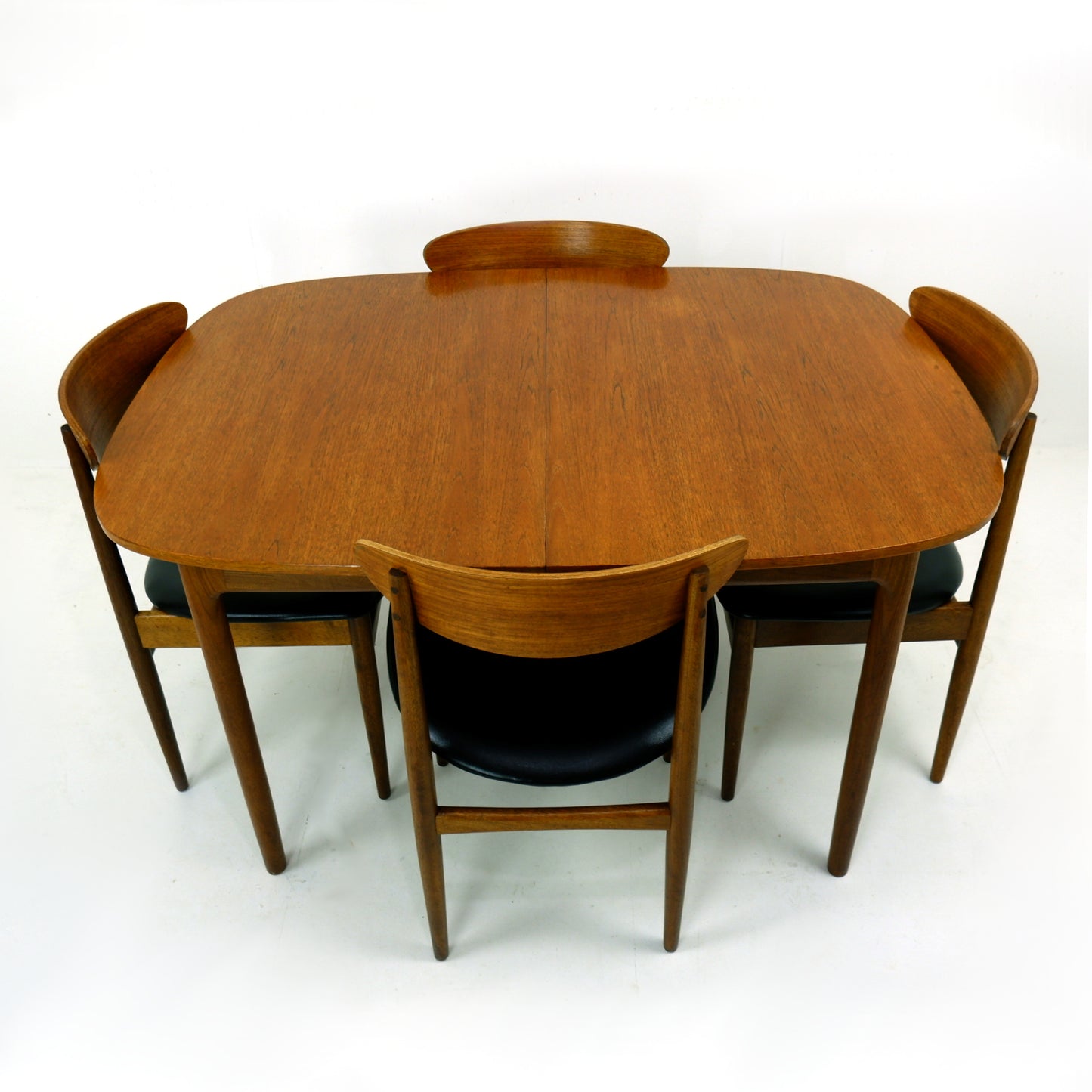 G PLAN Danish Range by Kfod Larsen Teak Dining Table and 4 Dining Chairs - NEW Black Vinyl Fabric - Mid Century Modern