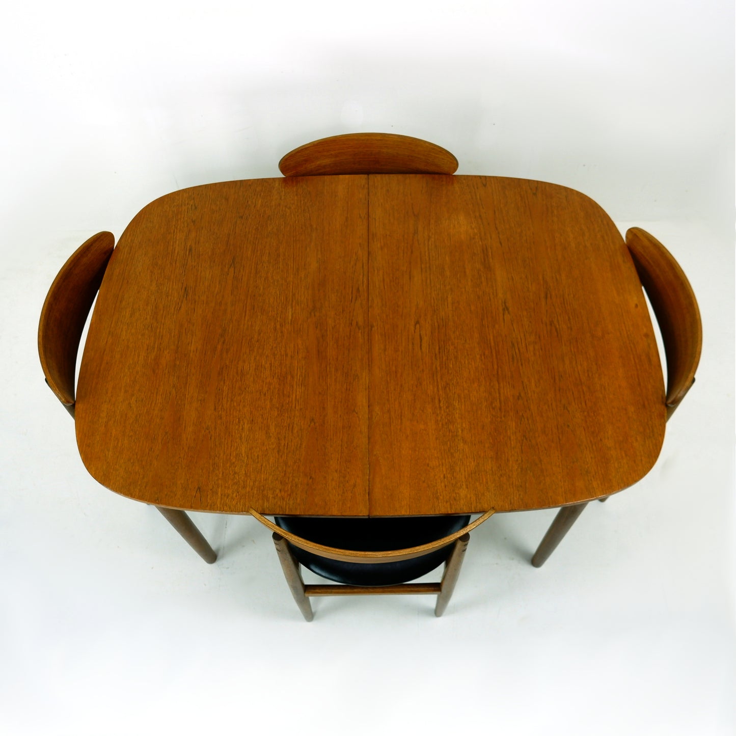 G PLAN Danish Range by Kfod Larsen Teak Dining Table and 4 Dining Chairs - NEW Black Vinyl Fabric - Mid Century Modern