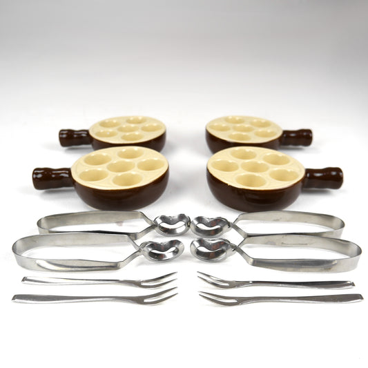 Vintage French EMILE HENRY Escargot Dishes with Snail Forks and Tongs - Mid Century Dining/Kitchen