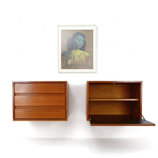 Mid Century Floating Teak Wall Units - Drinks Cabinet & Chest of Draws - Side board/Cutlery draw