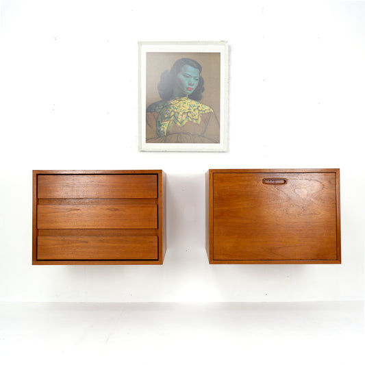 Mid Century Floating Teak Wall Units - Drinks Cabinet & Chest of Draws - Side board/Cutlery draw