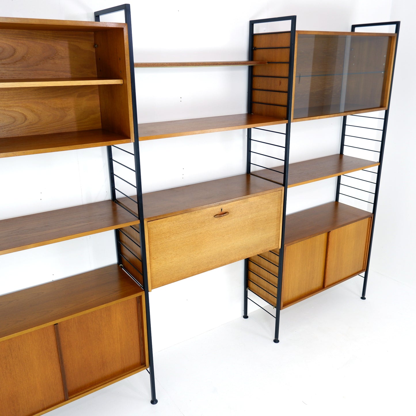 Ladderax Modular Teak Shelving System - 3 Bays - 1 Desk, 4 Cabinets and 4 Shelves - Staples - British Mid Century Icon