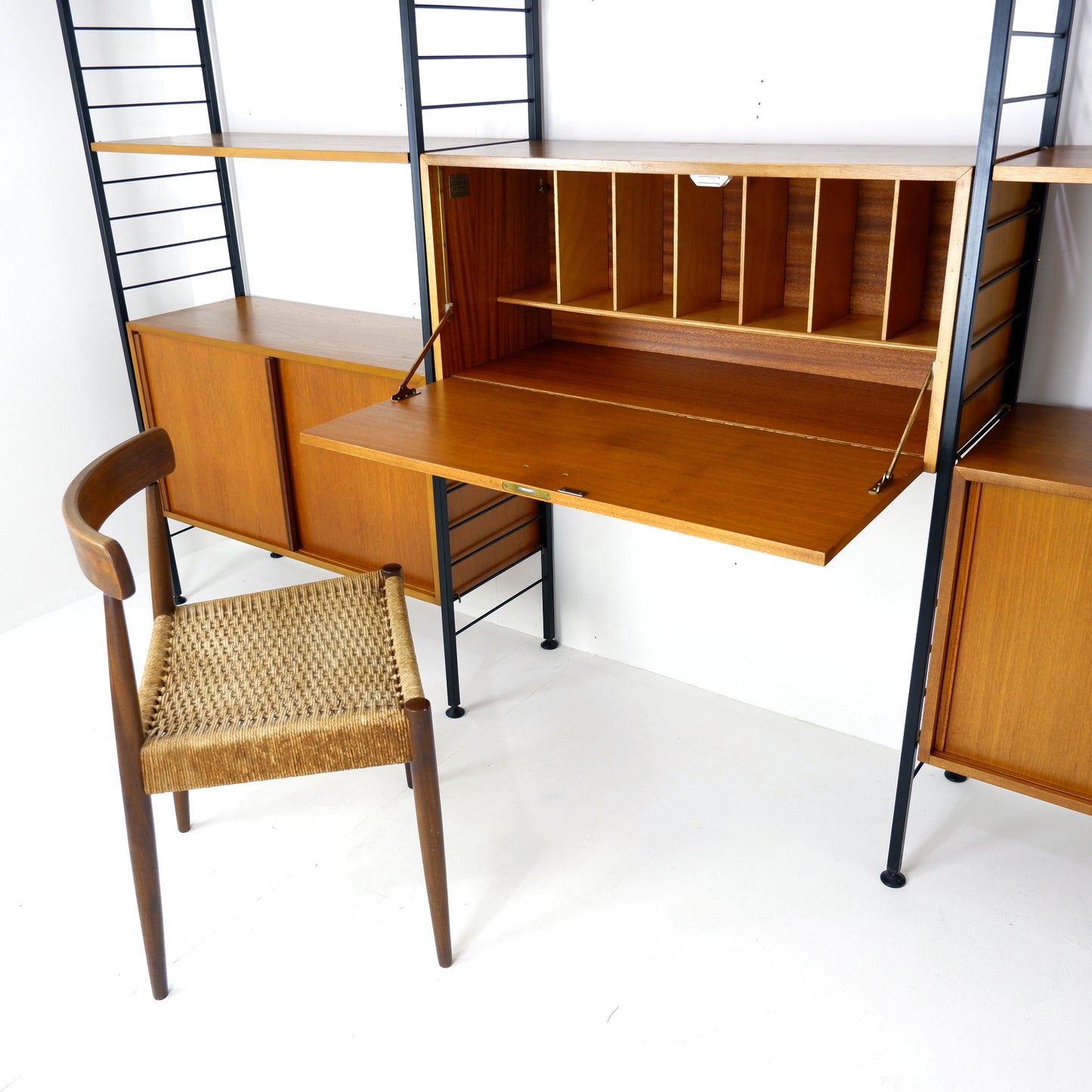 Ladderax Modular Teak Shelving System - 3 Bays - 1 Desk, 4 Cabinets and 4 Shelves - Staples - British Mid Century Icon