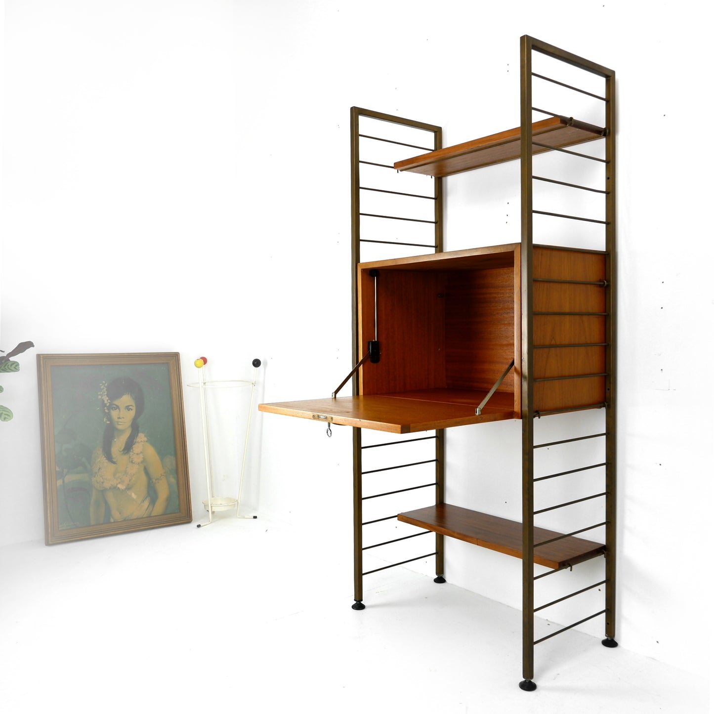 Ladderax Desk/Drinks Cabinet with Shelves - Mid Century Teak Modular Ladder Wall Unit Shelving