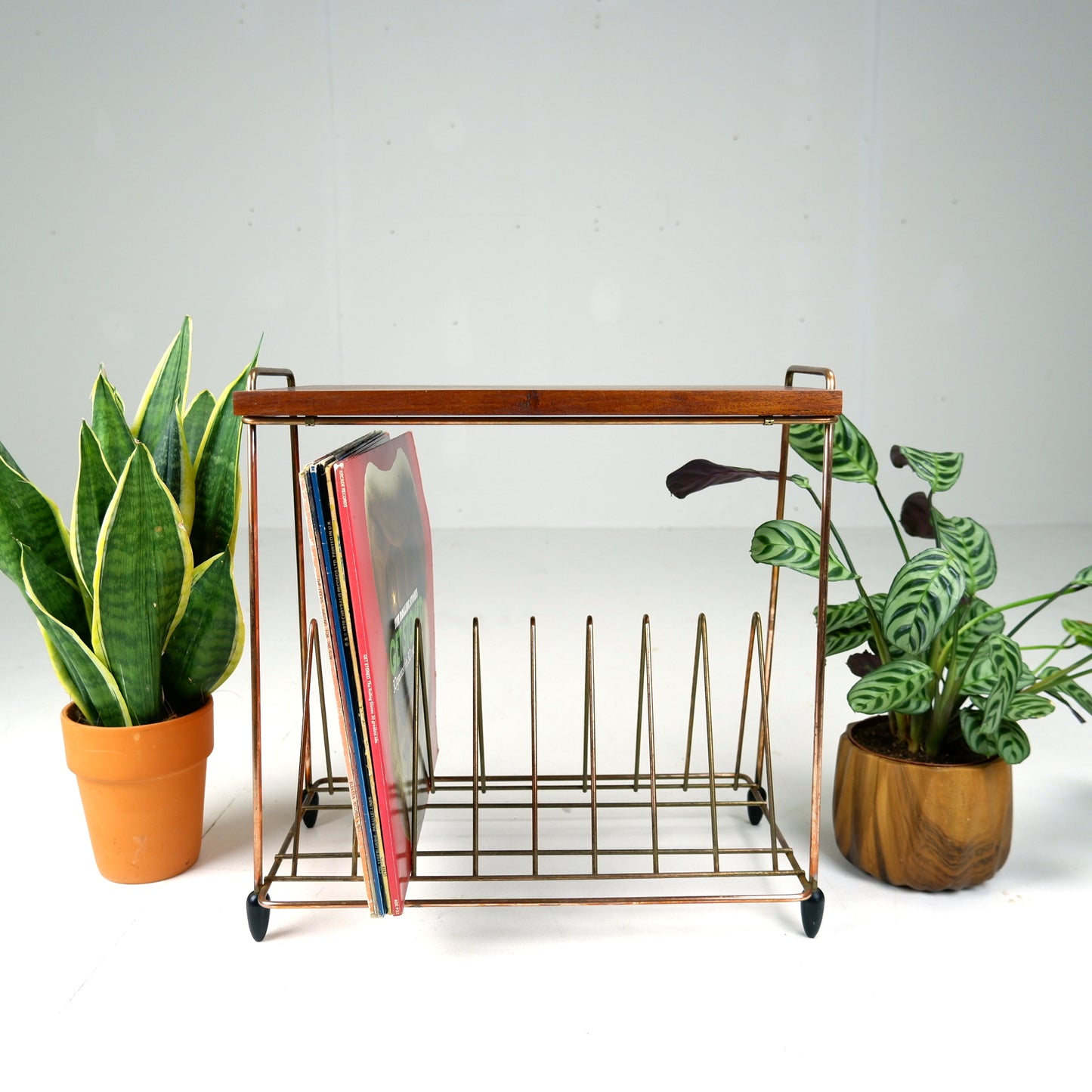 Atomic Style Magazine Rack / Vinyl Storage in Copper and Rosewood - Mid Century