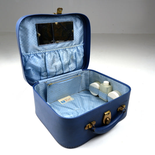 Vintage 1950's Vanity Case with Mirror, Key, Original Box, Bottles - Blue Mid Century