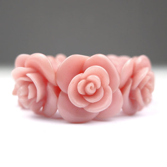 Vintage 1980's Pink Roses Resin Chunky Stretch Bracelet / Bangle