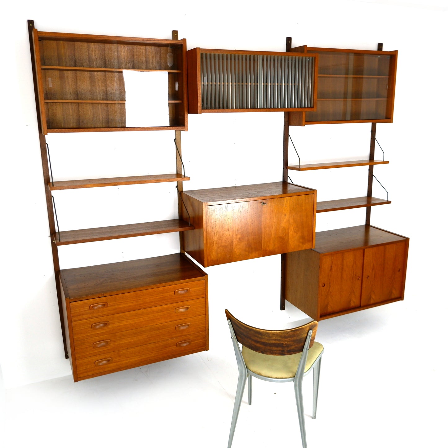 Mid Century Danish PS System Teak Wall Units -3 Bays - Desk, Bookshelves and Cabinets - Modular Ladder Shelving