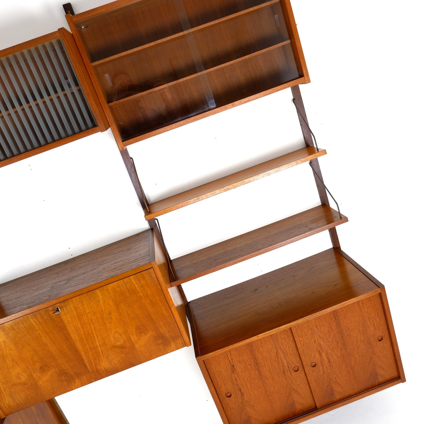 Mid Century Danish PS System Teak Wall Units -3 Bays - Desk, Bookshelves and Cabinets - Modular Ladder Shelving