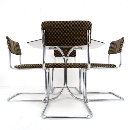 Set 4 Mid Century Cesca Style Cantilever Dining Chairs & Smoked Glass Table - Tubular Steel