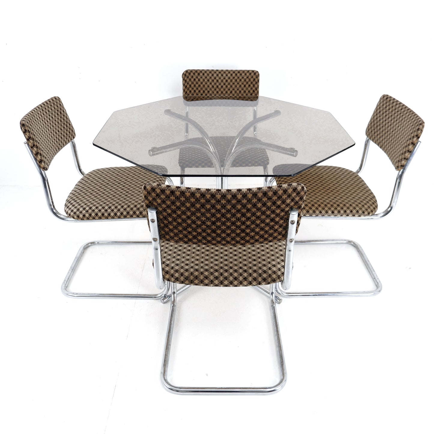 Set 4 Mid Century Cesca Style Cantilever Dining Chairs & Smoked Glass Table - Tubular Steel