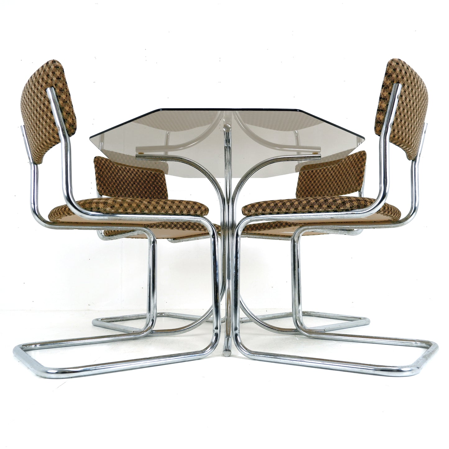 Set 4 Mid Century Cesca Style Cantilever Dining Chairs & Smoked Glass Table - Tubular Steel