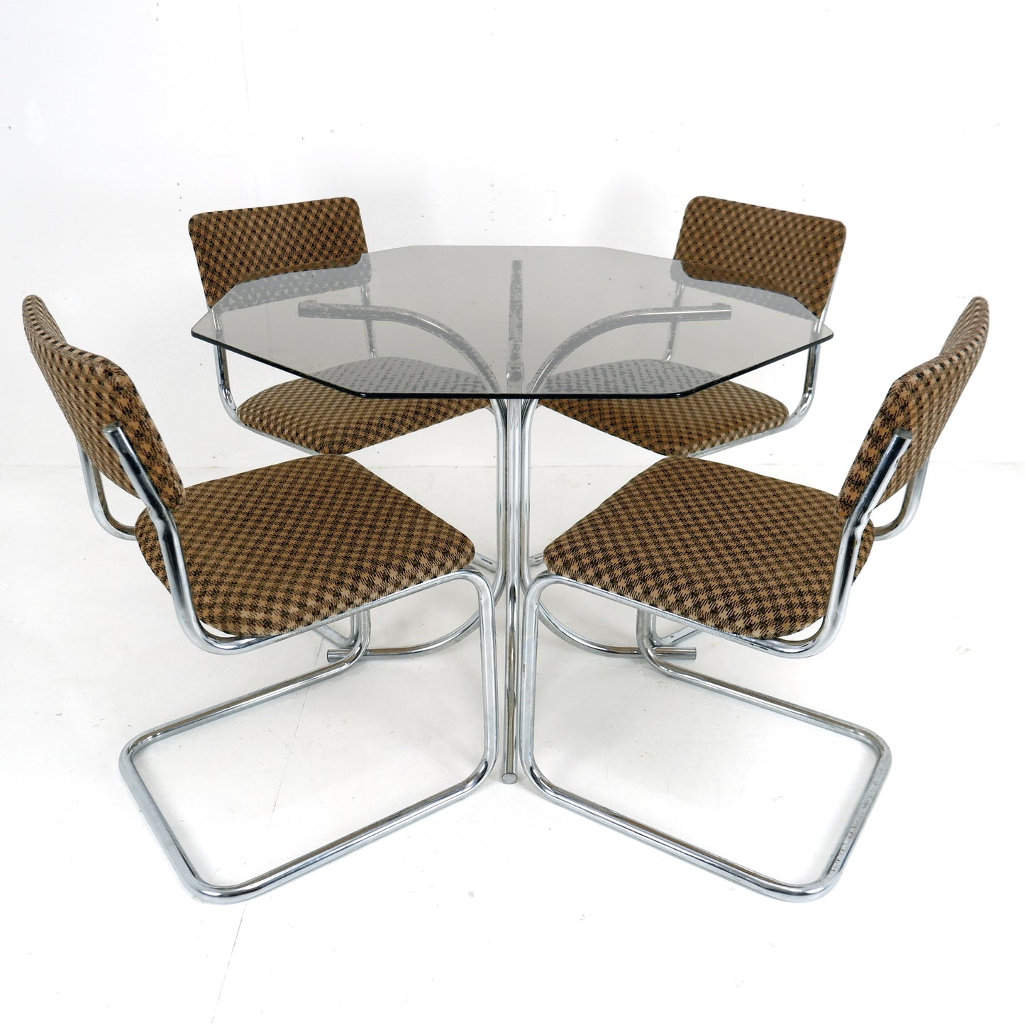 Set 4 Mid Century Cesca Style Cantilever Dining Chairs & Smoked Glass Table - Tubular Steel