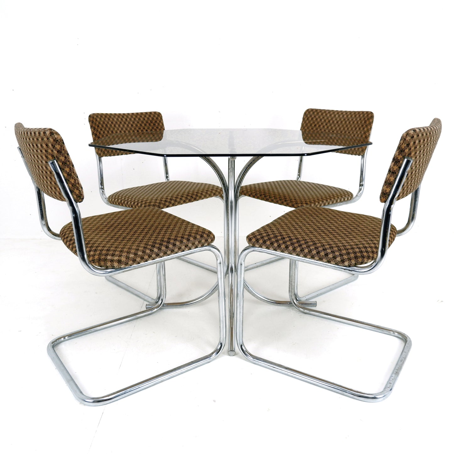 Set 4 Mid Century Cesca Style Cantilever Dining Chairs & Smoked Glass Table - Tubular Steel