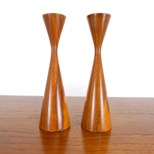 Mid Century Wooden Teak Candlesticks - Danish Influence - Vintage