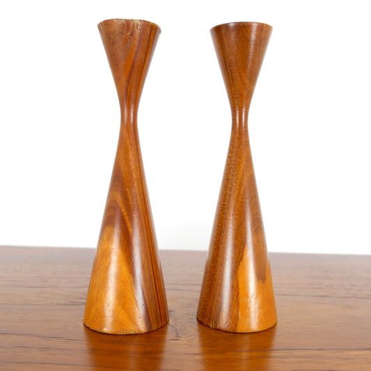 Mid Century Wooden Teak Candlesticks - Danish Influence - Vintage