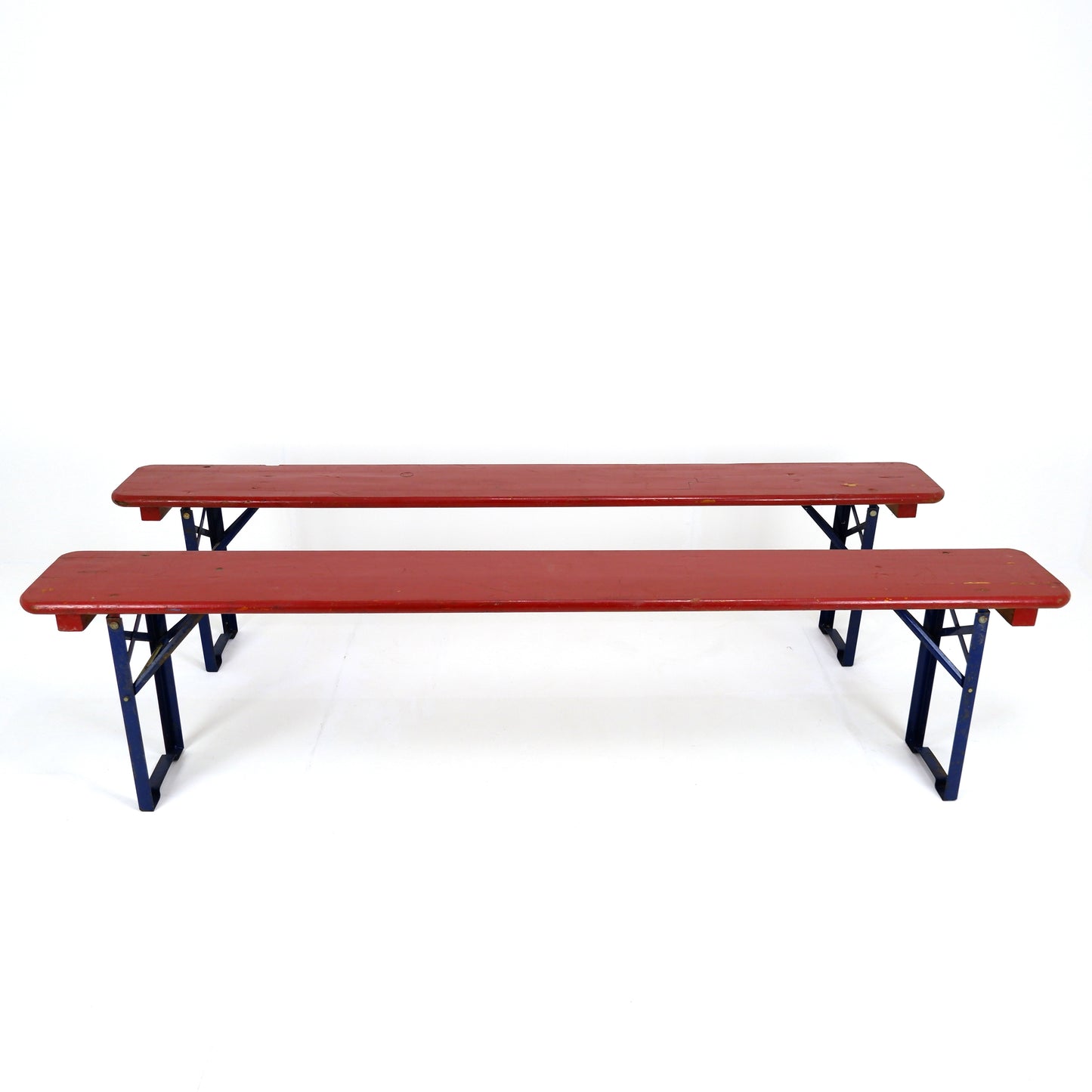 Pair Vintage Industrial German Beer Hall Benches - Folding Trestle Garden Seating