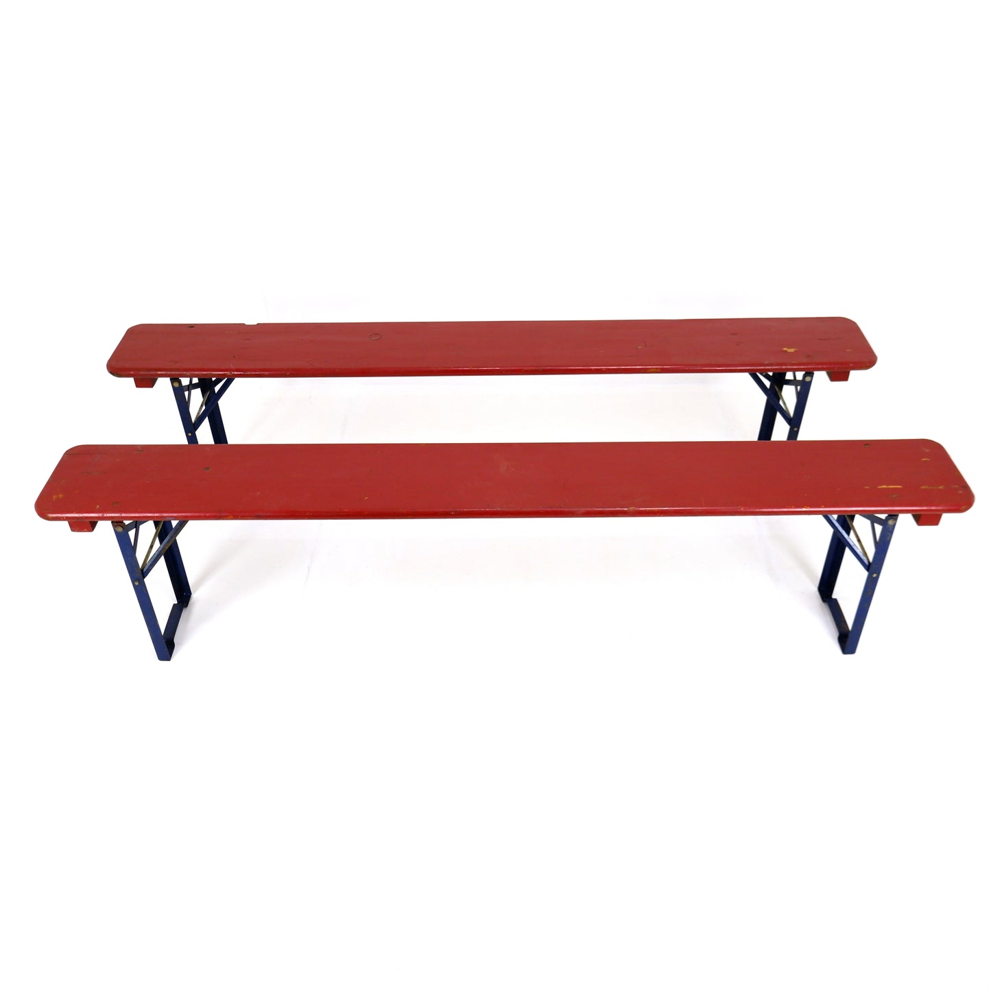 Pair Vintage Industrial German Beer Hall Benches - Folding Trestle Garden Seating