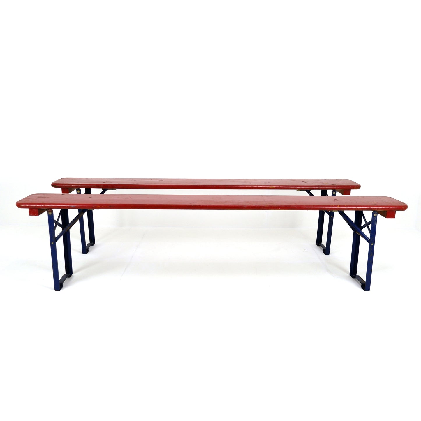 Pair Vintage Industrial German Beer Hall Benches - Folding Trestle Garden Seating