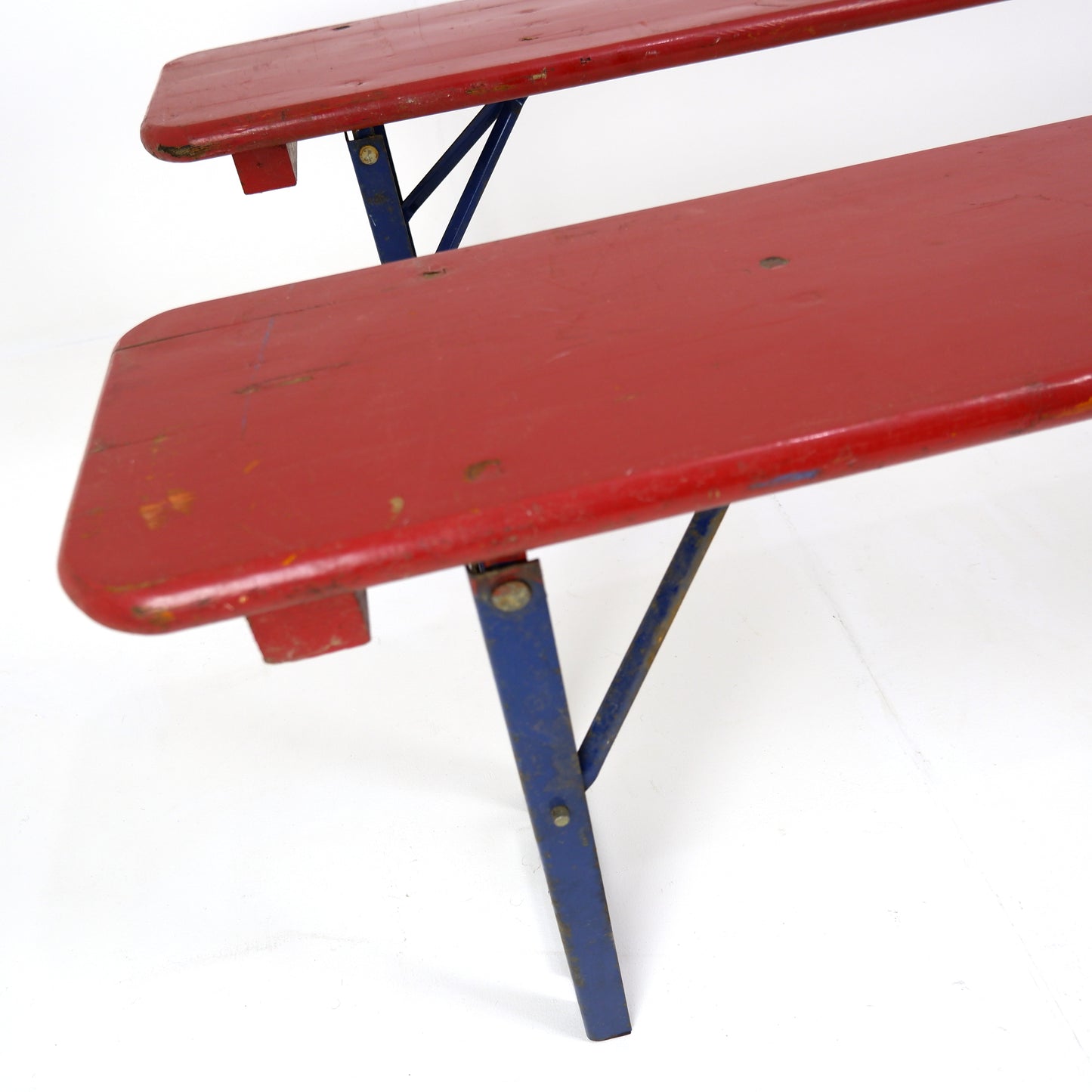 Pair Vintage Industrial German Beer Hall Benches - Folding Trestle Garden Seating