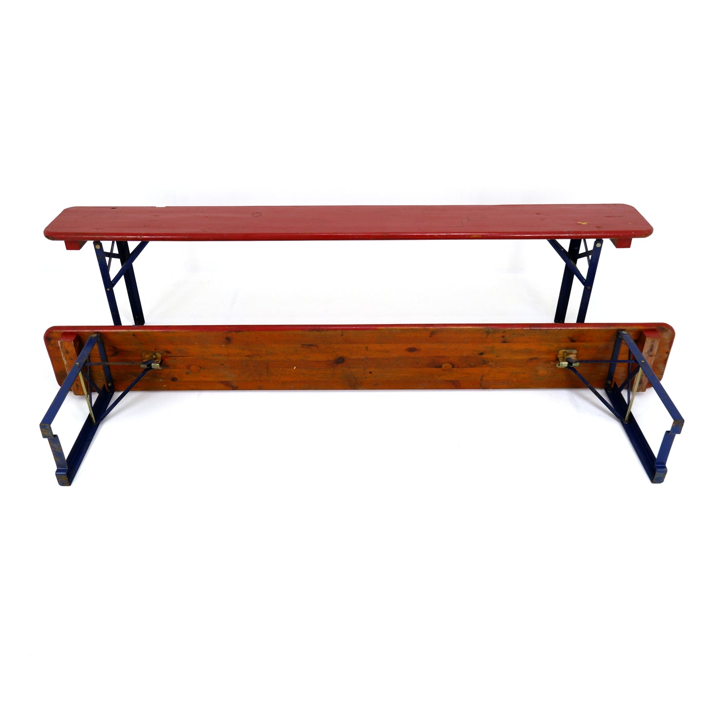 Pair Vintage Industrial German Beer Hall Benches - Folding Trestle Garden Seating