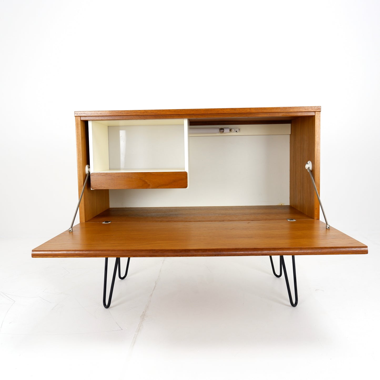 Mid Century Drinks Cabinet with Light in Teak by Beaver & Tapley - Hairpin Legs