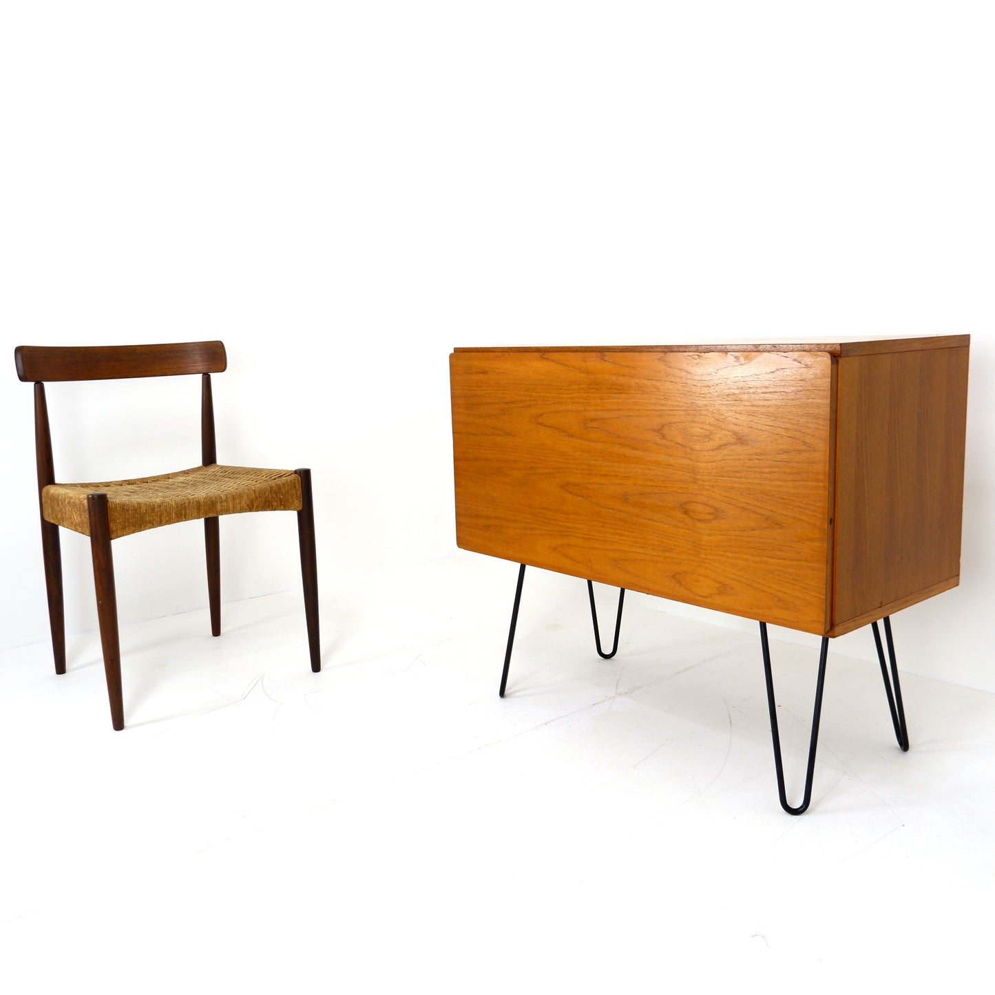 Mid Century Drinks Cabinet with Light in Teak by Beaver & Tapley - Hairpin Legs