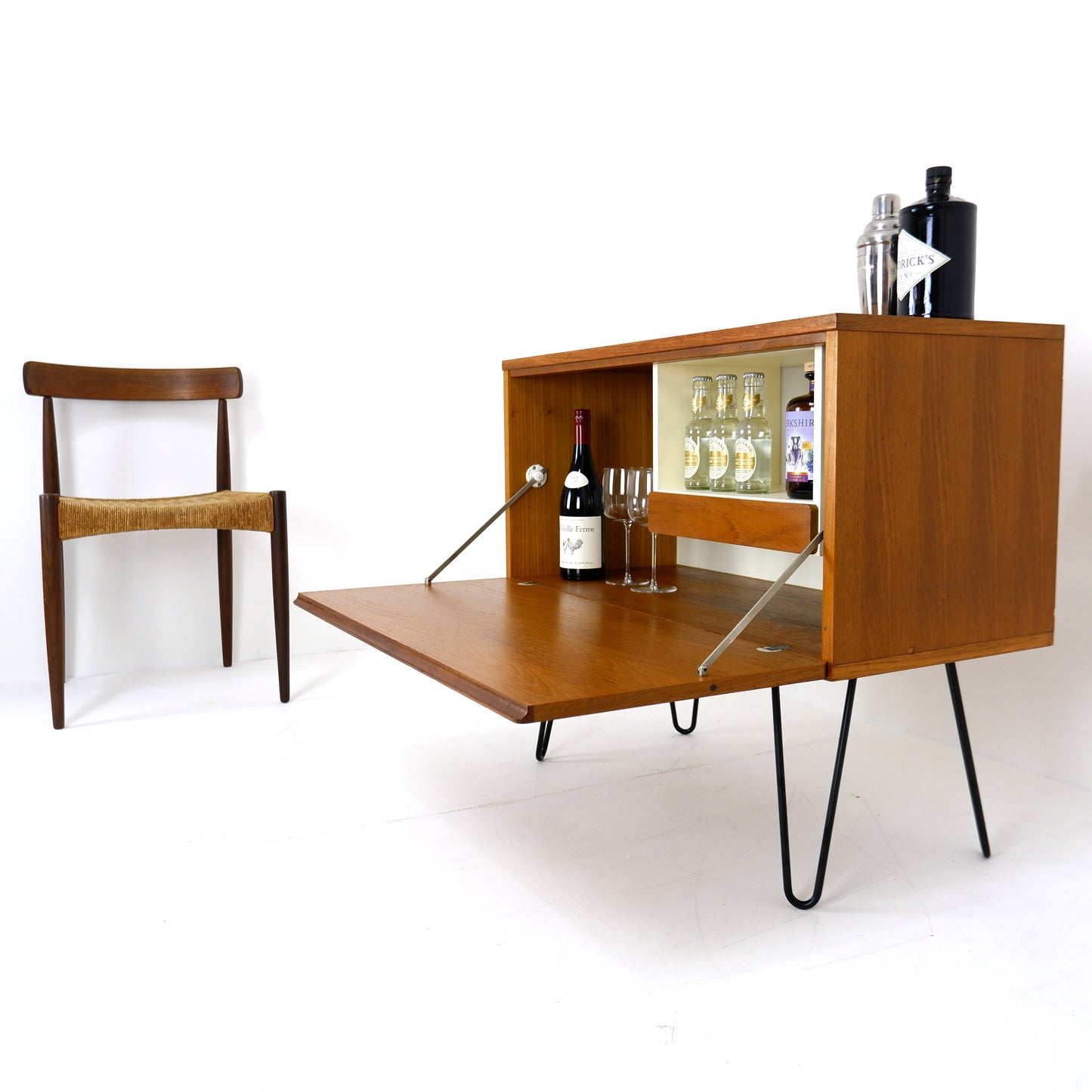 Mid Century Drinks Cabinet with Light in Teak by Beaver & Tapley - Hairpin Legs