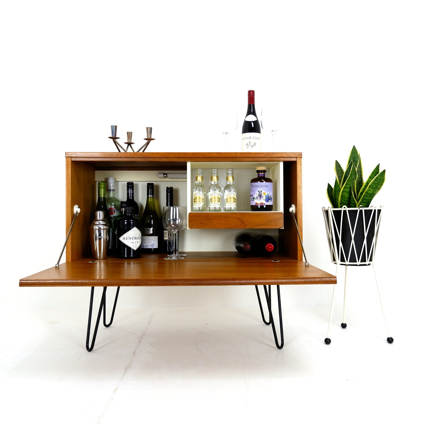 Mid Century Drinks Cabinet with Light in Teak by Beaver & Tapley - Hairpin Legs